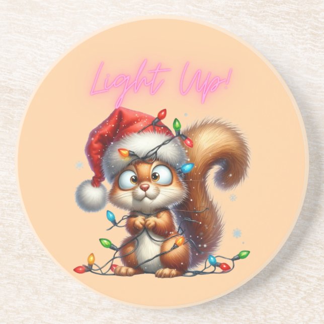 Christmas Squirrel with Lights Fun Holiday Card Coaster (Front)