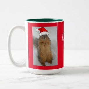 Christmas Squirrel with Santa Hat Two-Tone Coffee Mug