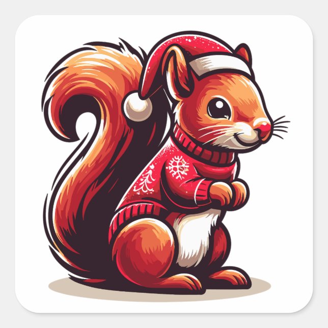 Christmas Squirrel with Santa Hat, Xmas Squirrel Square Sticker (Front)