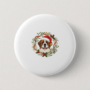Christmas St Bernard Dog Santa Hat Wreath 6 Cm Round Badge