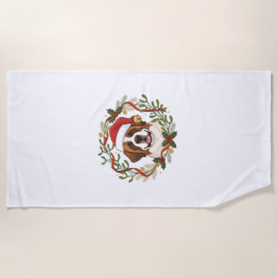 Christmas St Bernard Dog Santa Hat Wreath Beach Towel