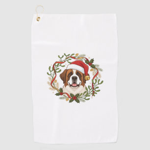 Christmas St Bernard Dog Santa Hat Wreath Golf Towel