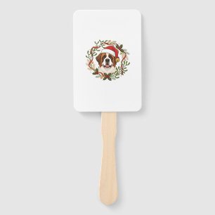 Christmas St Bernard Dog Santa Hat Wreath Hand Fan