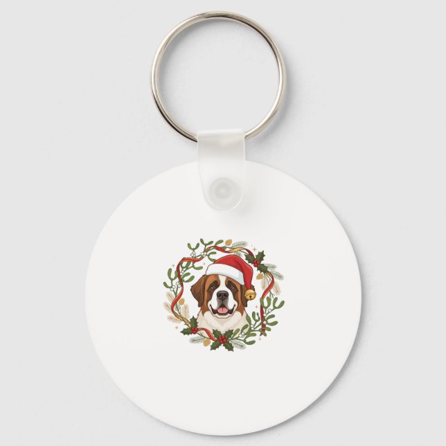Christmas St Bernard Dog Santa Hat Wreath Key Ring (Front)