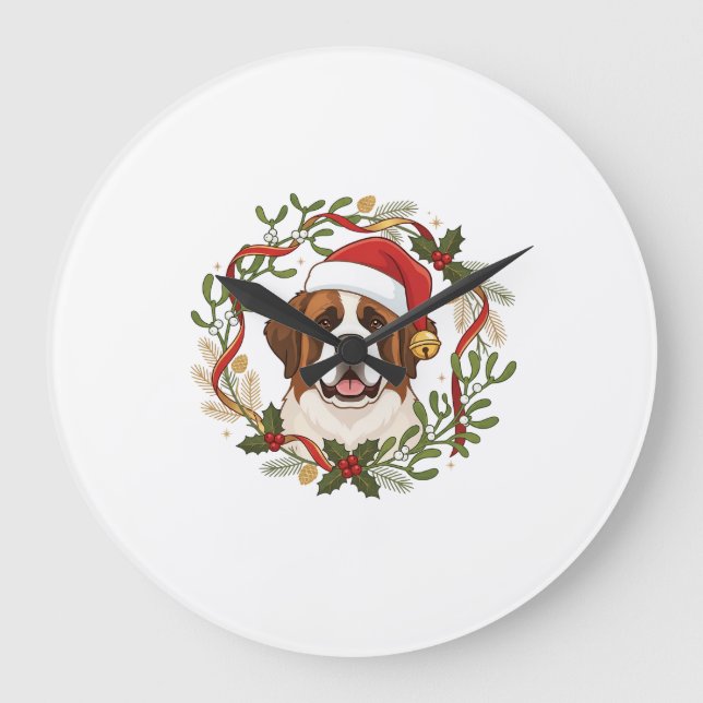 Christmas St Bernard Dog Santa Hat Wreath Large Clock (Front)