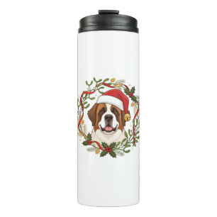 Christmas St Bernard Dog Santa Hat Wreath Thermal Tumbler