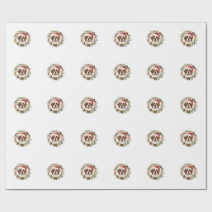 Christmas St Bernard Dog Santa Hat Wreath Wrapping Paper