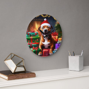 Christmas Staffordshire Bull Terrier,   Large Clock