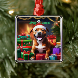 Christmas Staffordshire Bull Terrier, Metal Tree Decoration