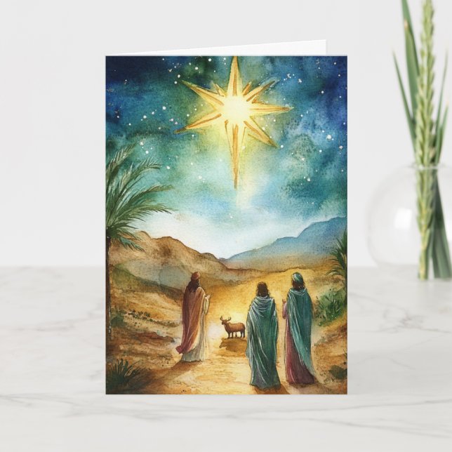 Christmas Star and Wise Men Watercolor Nativity Card (Front)