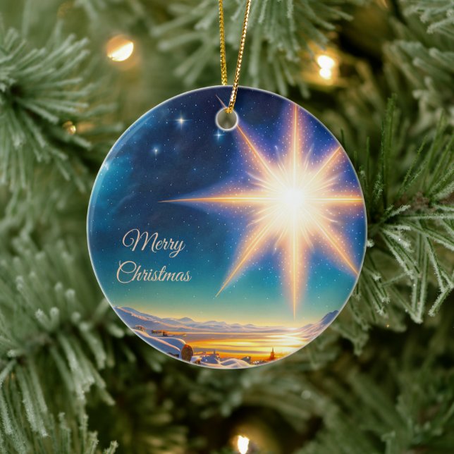 Christmas star, charming winter landscape at night ceramic tree decoration (Tree)