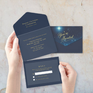 Christmas Star Dark Blue Foil Party Invitation