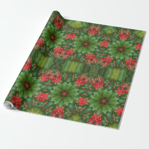 Christmas Star Flowers Pattern Red Green Floral Wrapping Paper