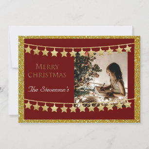 Christmas Star Garland Photo Red Name Personalise Holiday Card