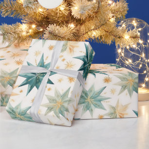 Christmas Star Ornaments Green Gold Christmas Wrapping Paper