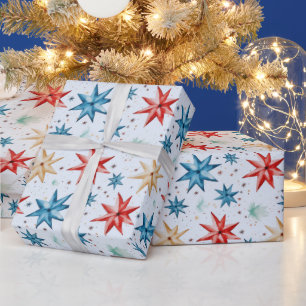 Christmas Star Ornaments Red Blue Modern Christmas Wrapping Paper