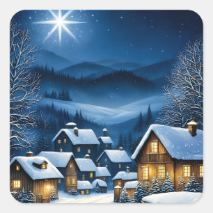 Christmas Star Over a Little Village Square Sticker