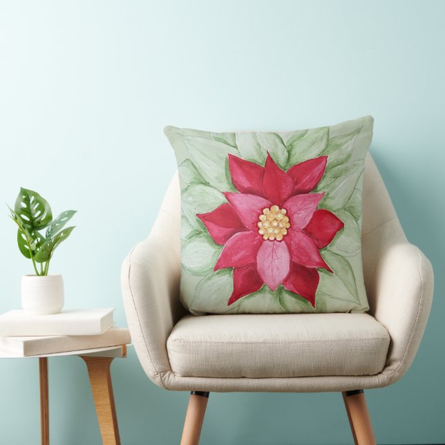Christmas Star Poinsettia Watercolor Hand-painted Cushion (Chair)