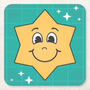 Christmas star smiley face, happy retro cartoon square paper coaster