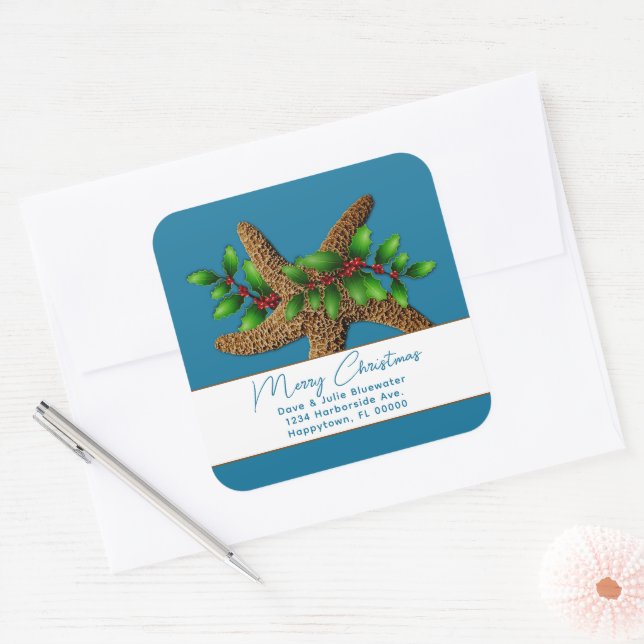 Christmas Starfish Blue Square Return Address Sticker (Envelope)