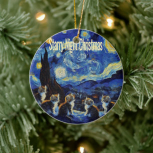 Christmas Starry Night Van Gogh Cat Lover Ceramic Tree Decoration