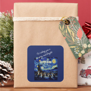 Christmas Starry Night Van Gogh Cat Lover Square Sticker