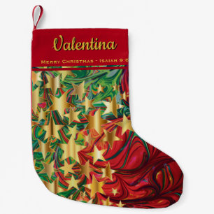 CHRISTMAS STARS Customisable Red Green Faux Gold Small Christmas Stocking