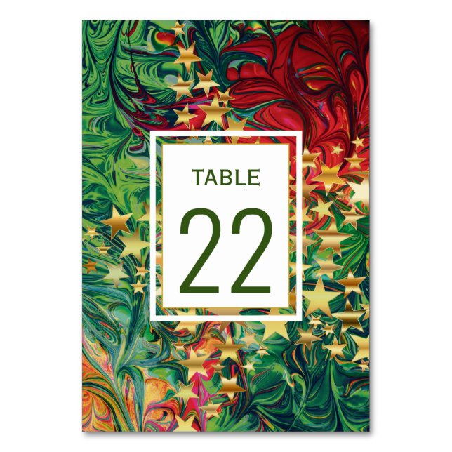 CHRISTMAS STARS Customisable Red Green Gold Table Number (Front)