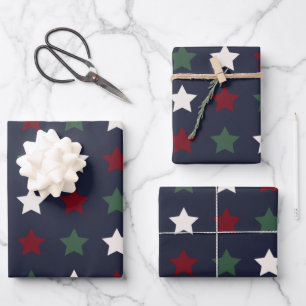 Christmas Stars Pattern Blue White Red Wrapping Paper Sheet