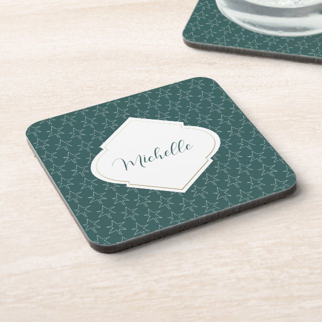 Christmas Stars Pattern Monogrammed Pine Green Coaster (Left Side)