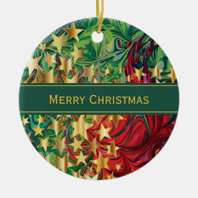 CHRISTMAS STARS Personalised Red Green Faux Gold Ceramic Tree Decoration (Front)