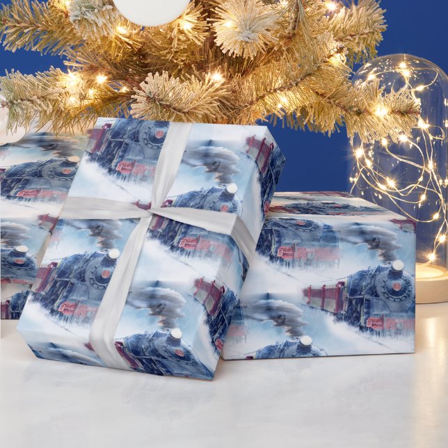 Christmas Steam Train Snowy Winter Landscape Blue Wrapping Paper (Holidays)