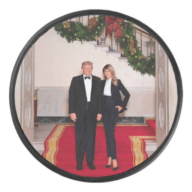 Christmas steps President Donald Trump & Melania Hockey Puck (Front)