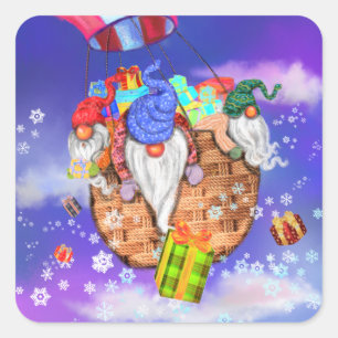 Christmas Sticker Gnomes Flying and Gives Gifts