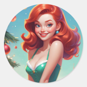 Christmas Sticker Pin-up girl, Redhead ROUND