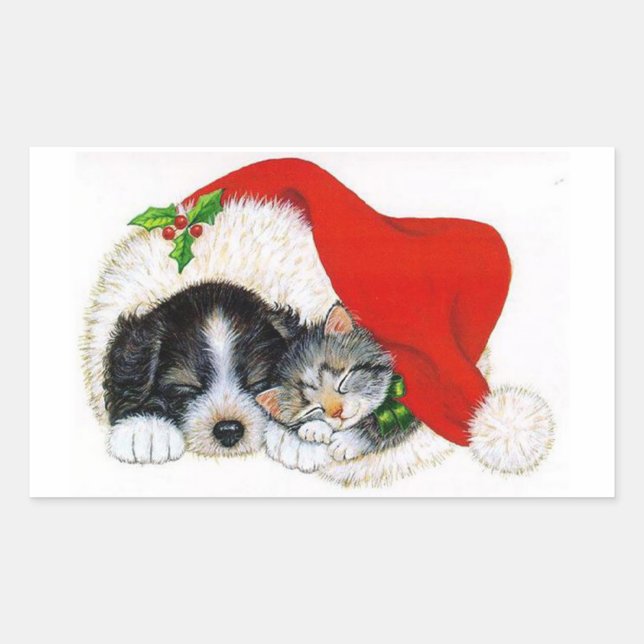 Christmas Sticker/Puppy and Kitten Rectangular Sticker (Front)