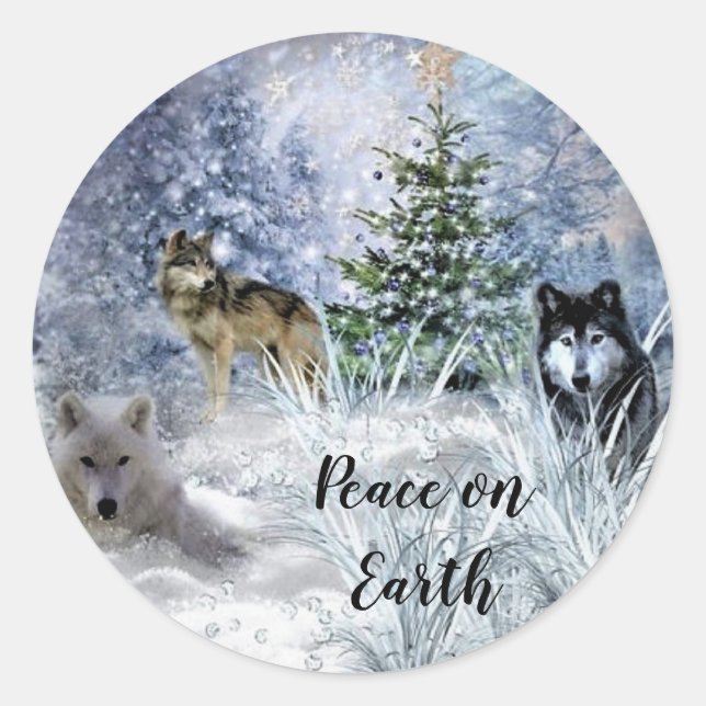 Christmas Sticker with Wolves and Winter Snow (Front)