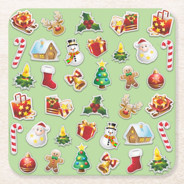 Christmas Stickers Festive Pattern Square Paper Coaster (Front)