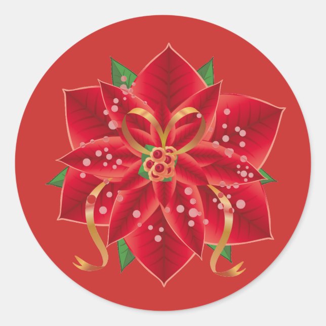 Christmas Stickers-Red Poinsettia Classic Round Sticker (Front)