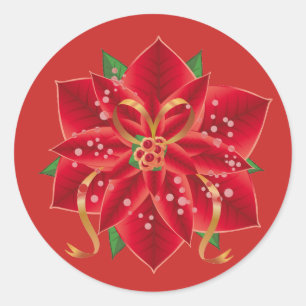 Christmas Stickers-Red Poinsettia Classic Round Sticker