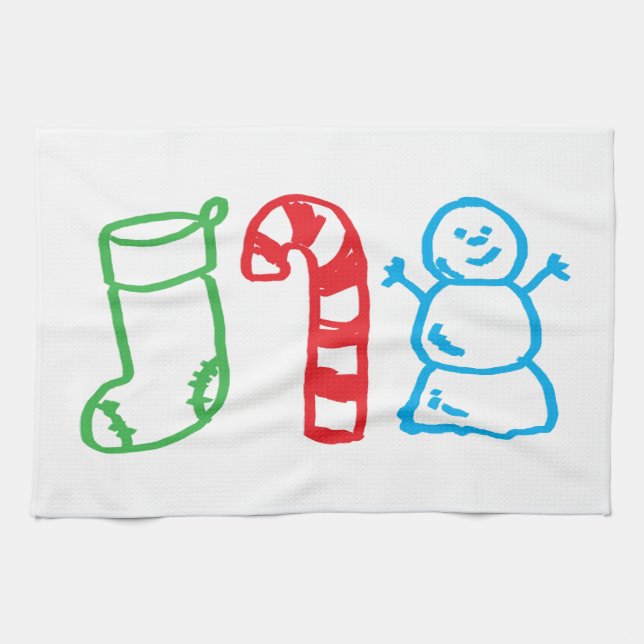 Christmas Stocking Candy Cane and Snowman Tea Towel (Horizontal)