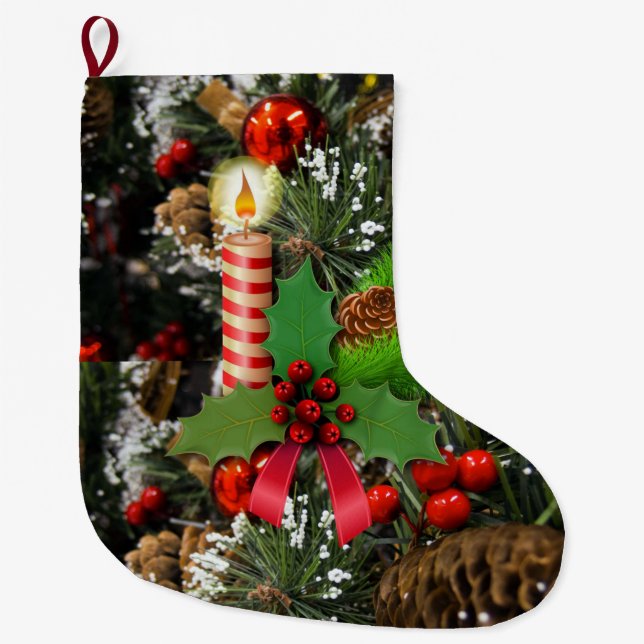 Christmas Stocking, Christmas Candle Large Christmas Stocking (Front)