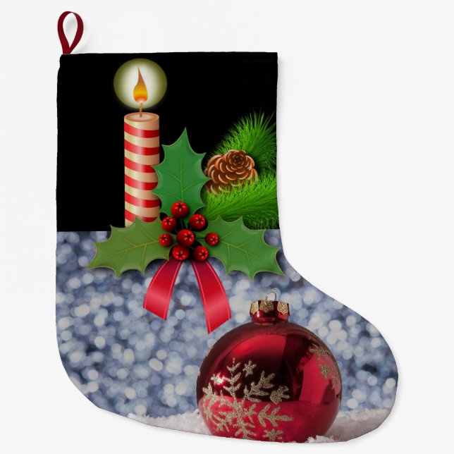 Christmas Stocking, Christmas Candle Large Christmas Stocking (Front)
