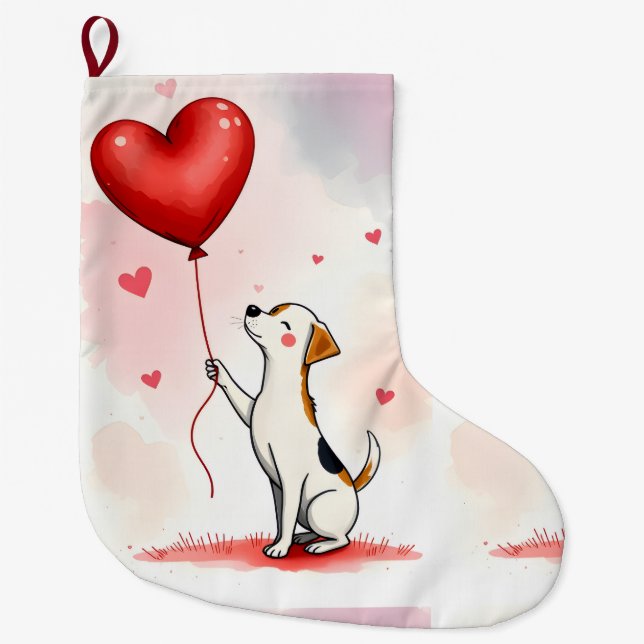 Christmas Stocking,  Dog Red Heart Large Christmas Stocking (Front)