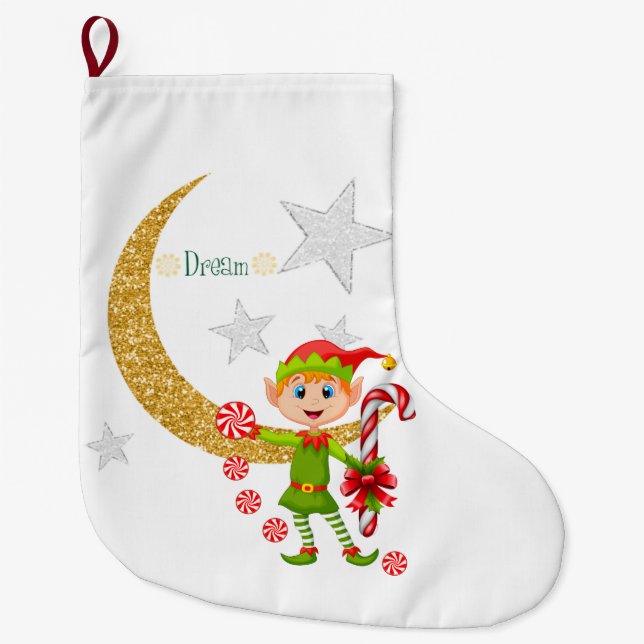 Christmas Stocking, Dream Moon Gold Elf Peppermint Large Christmas Stocking (Front)