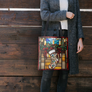 Christmas Stocking Faux Stained Glass Tote Bag