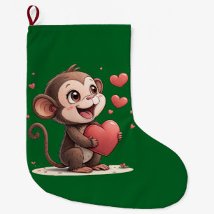 Christmas Stocking, Monkey Red Hearts Love Large Christmas Stocking