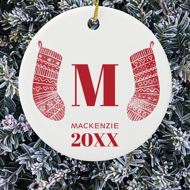 Christmas Stocking Monogram Name Year Red White Ceramic Tree Decoration (Scandinavian Christmas stocking personalized monogram initial name year date ornament)