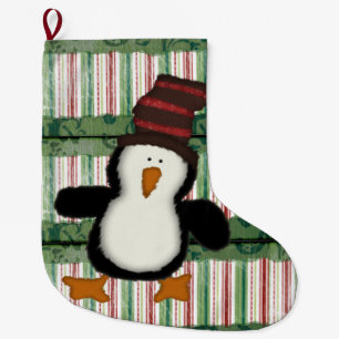 Christmas Stocking, Penguin Plaid Green Stripes Large Christmas Stocking