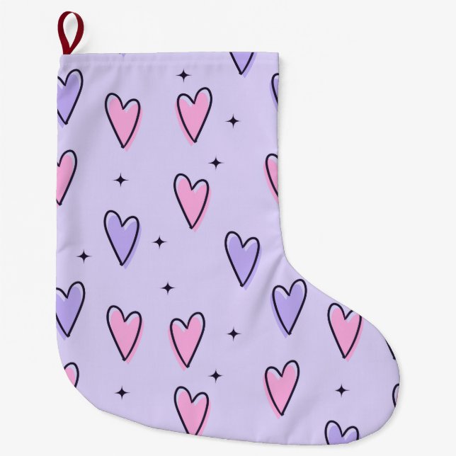 Christmas Stocking, Pink Purple Hearts Love Large Christmas Stocking (Front)